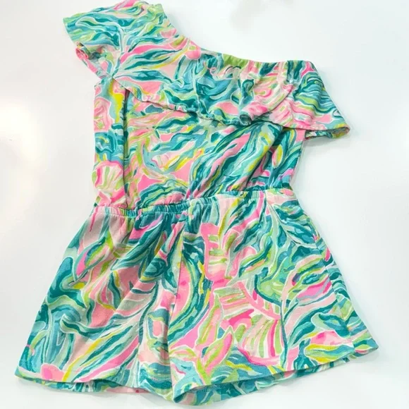Lilly Pulitzer Girls 4 5 Tropical Romper One Shoulder Pink Green Beach - Picture 2 of 4